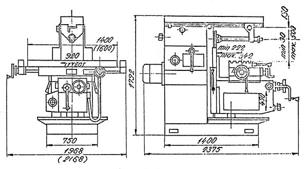 Габаритные розміри робочого простору консольно-фрезерного верстата FU-36